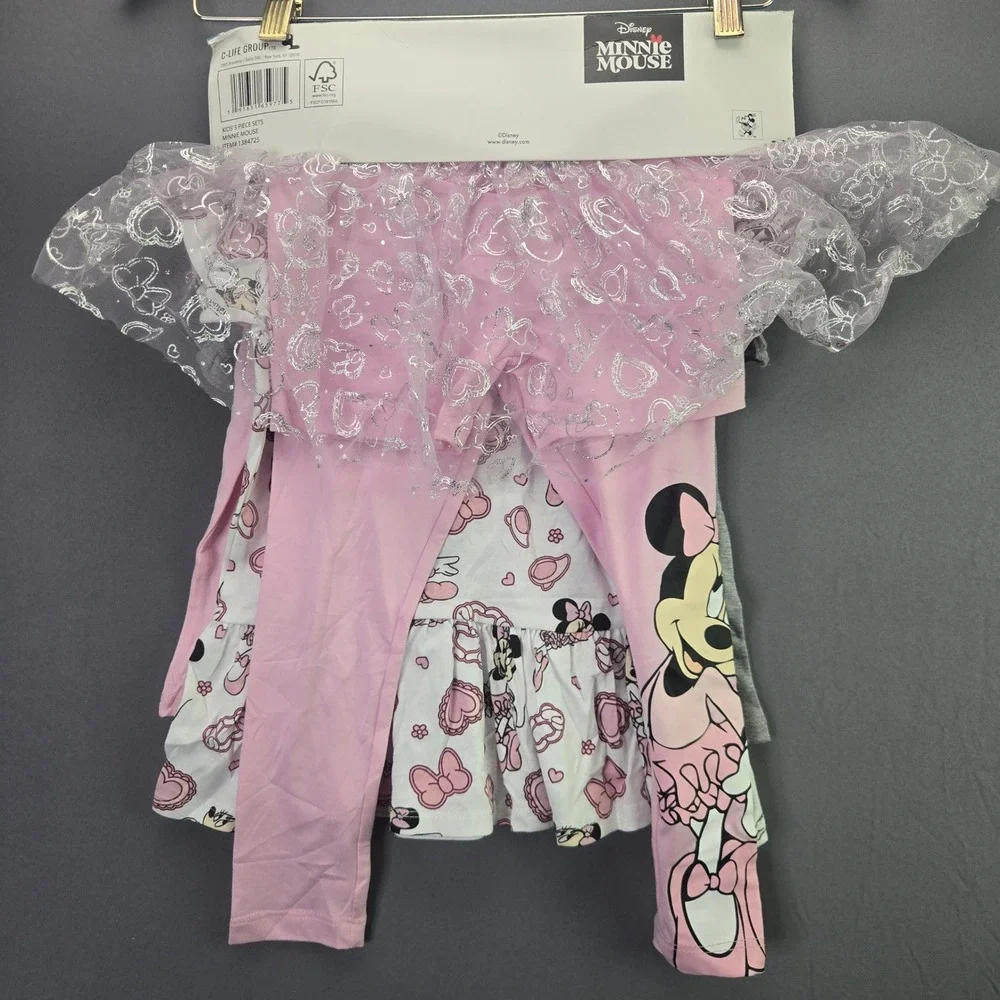 Disney Minnie Mouse 5-Pc Set Top Leggings Tutu Skirt 4T Pink Grey Ballerina NEW